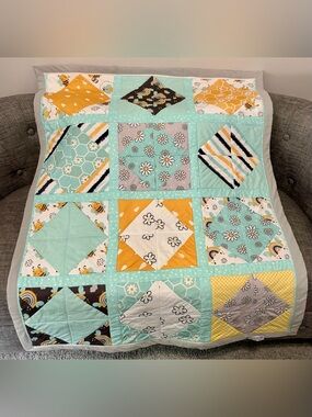 Aqua & Mustard Patchwork Baby Quilt by